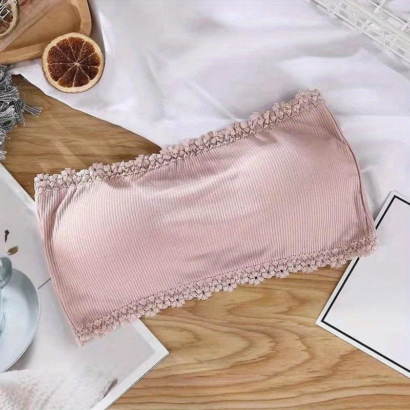 "Kamalakli Lacey Bralette, Tub Top, Havo o'tkazuvchi Polyester Ichki kiyim, Simsiz Qo'llab-quvvatlash, Oq O'ralgan Matolar, 100% Polyester Yozgi Ichki kiyim uchun."