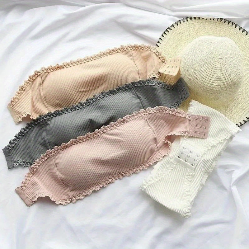 "Kamalakli Lacey Bralette, Tub Top, Havo o'tkazuvchi Polyester Ichki kiyim, Simsiz Qo'llab-quvvatlash, Oq O'ralgan Matolar, 100% Polyester Yozgi Ichki kiyim uchun."