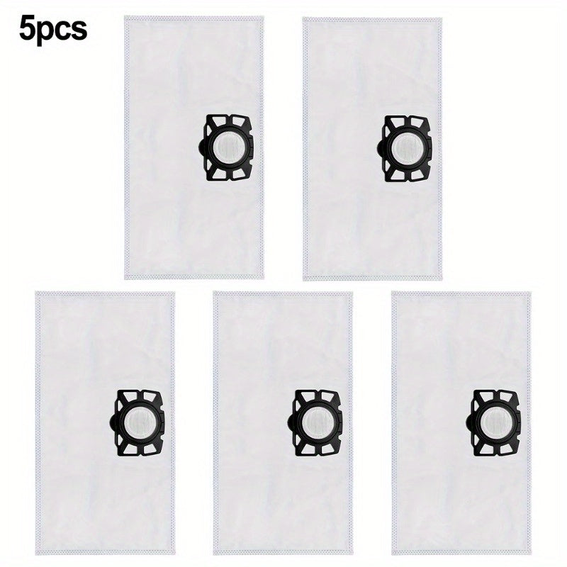 Pack of five vacuum cleaner dust bags that are compatible with Karcher models 2.863-314.0, KFI 357, KA 40, WD2 Plus, WD3, and SE4002. These plastic cloth floor attachment replacement parts are designed to keep your vacuum working efficiently.