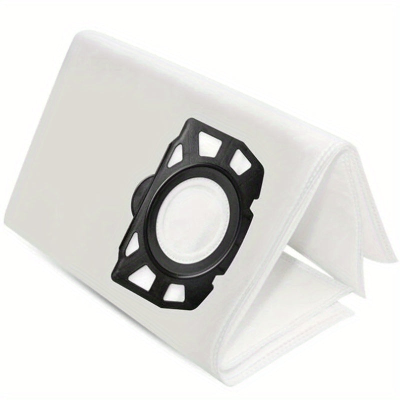 Pack of five vacuum cleaner dust bags that are compatible with Karcher models 2.863-314.0, KFI 357, KA 40, WD2 Plus, WD3, and SE4002. These plastic cloth floor attachment replacement parts are designed to keep your vacuum working efficiently.