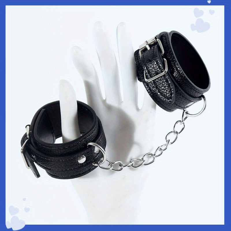 Premium leather handcuffs with adjustable link chain, ribbed design for SM play, durable buckle closure - perfect for Valentine's Day