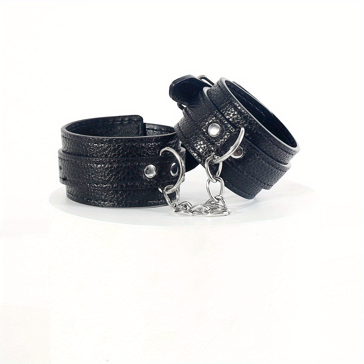 Premium leather handcuffs with adjustable link chain, ribbed design for SM play, durable buckle closure - perfect for Valentine's Day