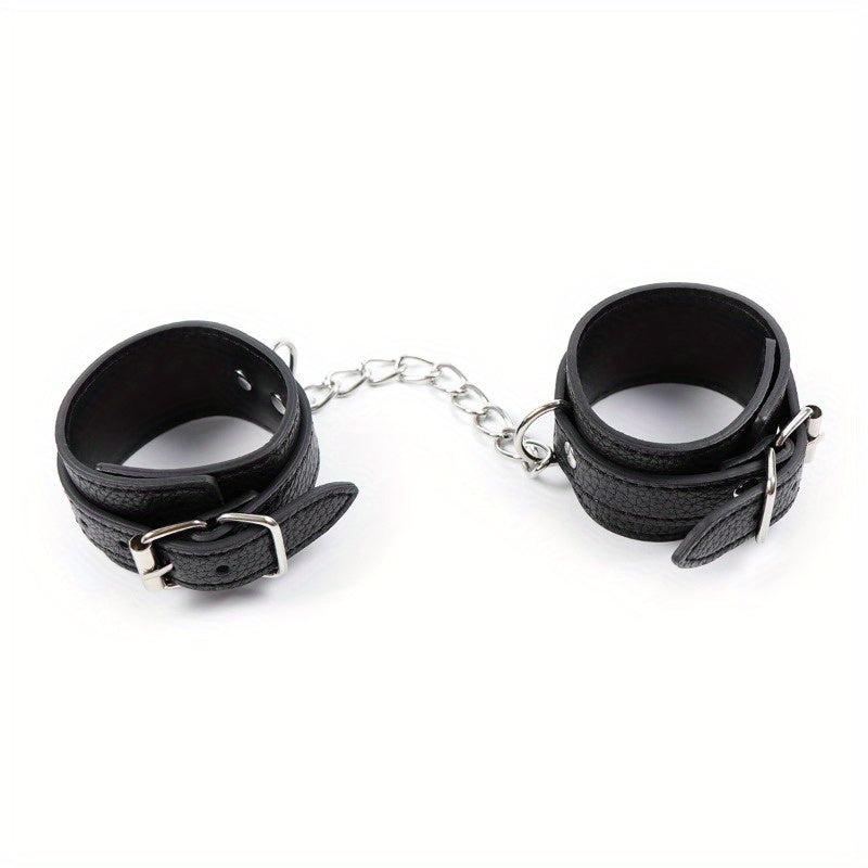 Premium leather handcuffs with adjustable link chain, ribbed design for SM play, durable buckle closure - perfect for Valentine's Day