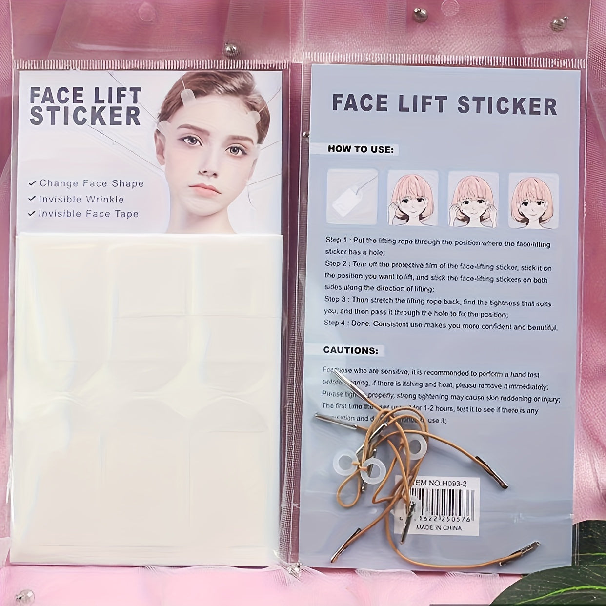 Facial tape and bandages set includes 18 invisible facial tape pieces and 4 adjustable straps for neck, jawline, and double chin area. Reusable and unscented.