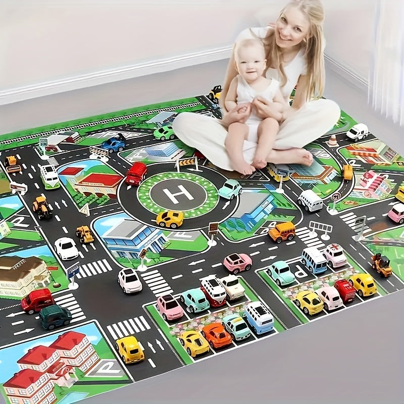 Durable, non-woven fabric play mat with road map design for educational toy car games. Water-resistant and perfect for ages 14+, room decor, and playing with toy cars.