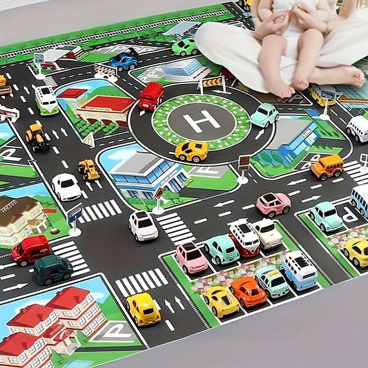 Durable, non-woven fabric play mat with road map design for educational toy car games. Water-resistant and perfect for ages 14+, room decor, and playing with toy cars.