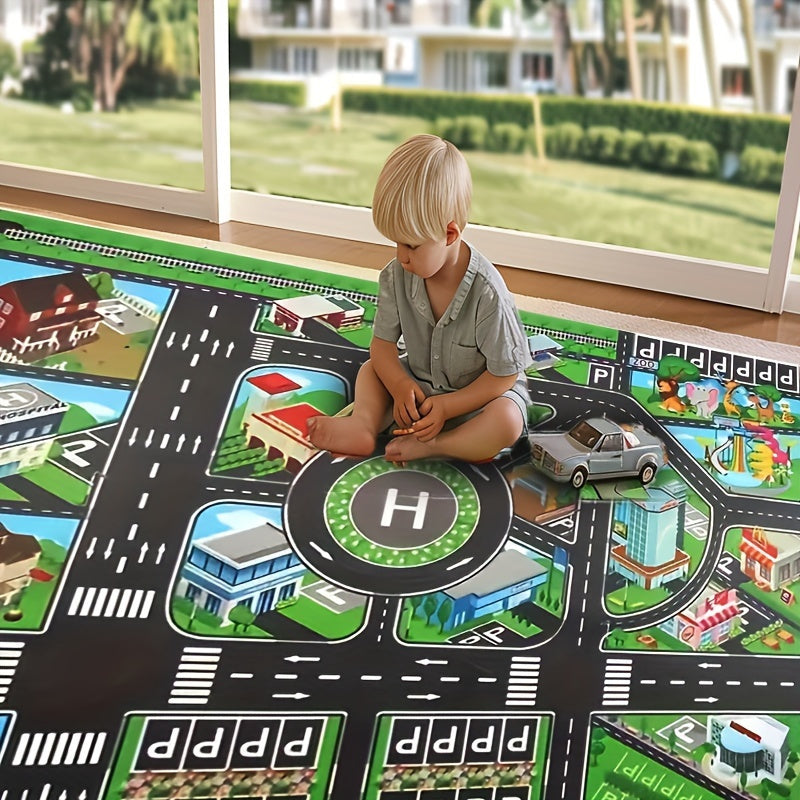 Durable, non-woven fabric play mat with road map design for educational toy car games. Water-resistant and perfect for ages 14+, room decor, and playing with toy cars.