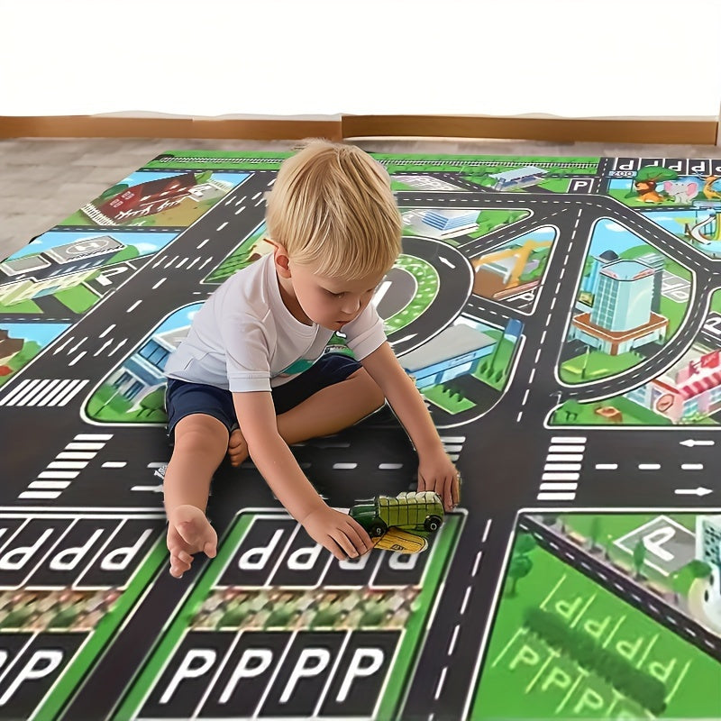 Durable, non-woven fabric play mat with road map design for educational toy car games. Water-resistant and perfect for ages 14+, room decor, and playing with toy cars.