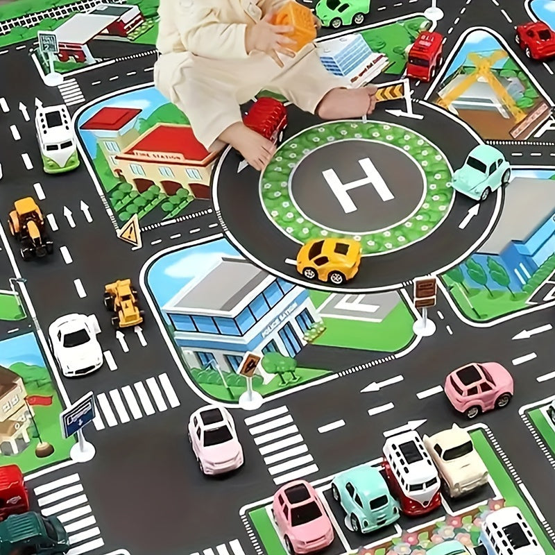 Durable, non-woven fabric play mat with road map design for educational toy car games. Water-resistant and perfect for ages 14+, room decor, and playing with toy cars.