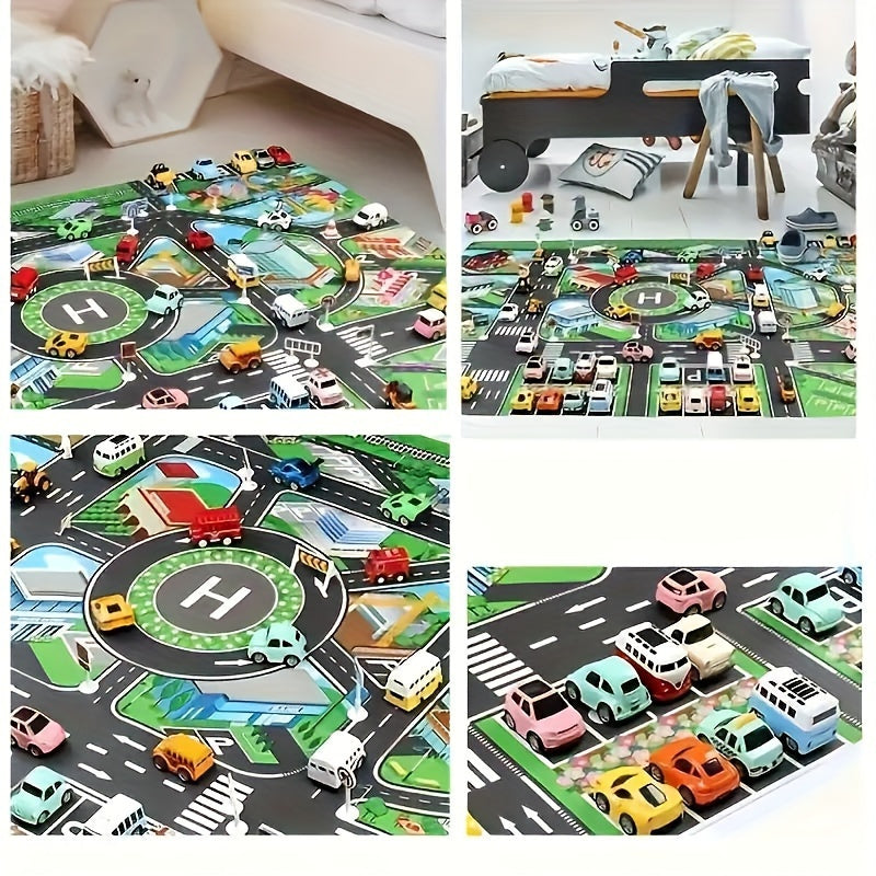 Durable, non-woven fabric play mat with road map design for educational toy car games. Water-resistant and perfect for ages 14+, room decor, and playing with toy cars.