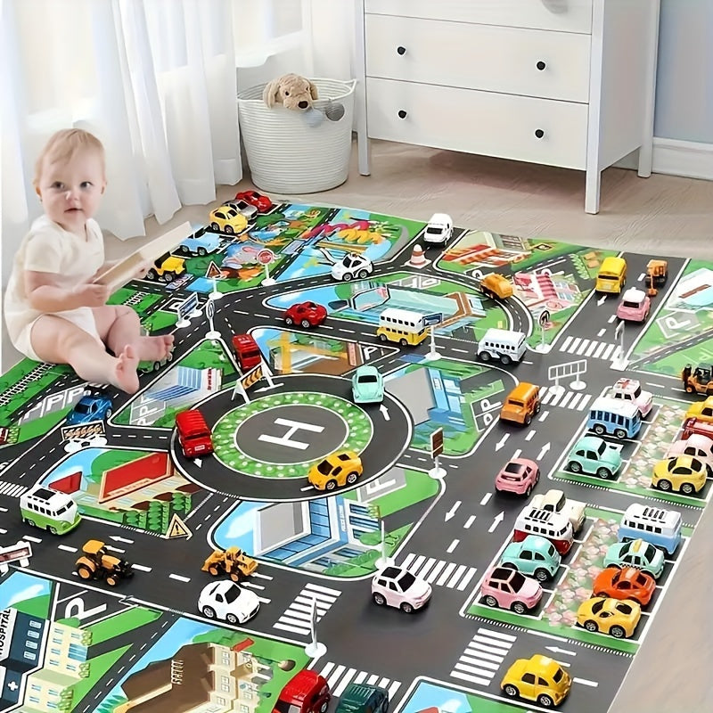 Durable, non-woven fabric play mat with road map design for educational toy car games. Water-resistant and perfect for ages 14+, room decor, and playing with toy cars.