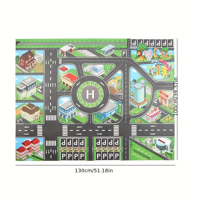 Durable, non-woven fabric play mat with road map design for educational toy car games. Water-resistant and perfect for ages 14+, room decor, and playing with toy cars.