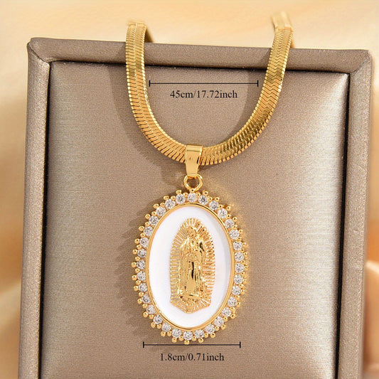 Elegant Vintage Style Virgin Mary Oval Pendant Necklace featuring Synthetic Cubic Zirconia, 18K Gold Plated Copper, Snake Bone Chain, 3-Layer Design, Perfect Fashionable Accessory for Women, Ideal for Daily Wear or Gifting.