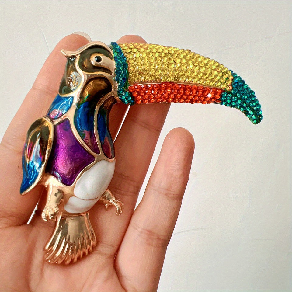 Stunning Antique Enamel Parrot Brooch adorned with Glittering Rhinestones - One-of-a-Kind Oversized Bird Pin for Jackets and Accessories