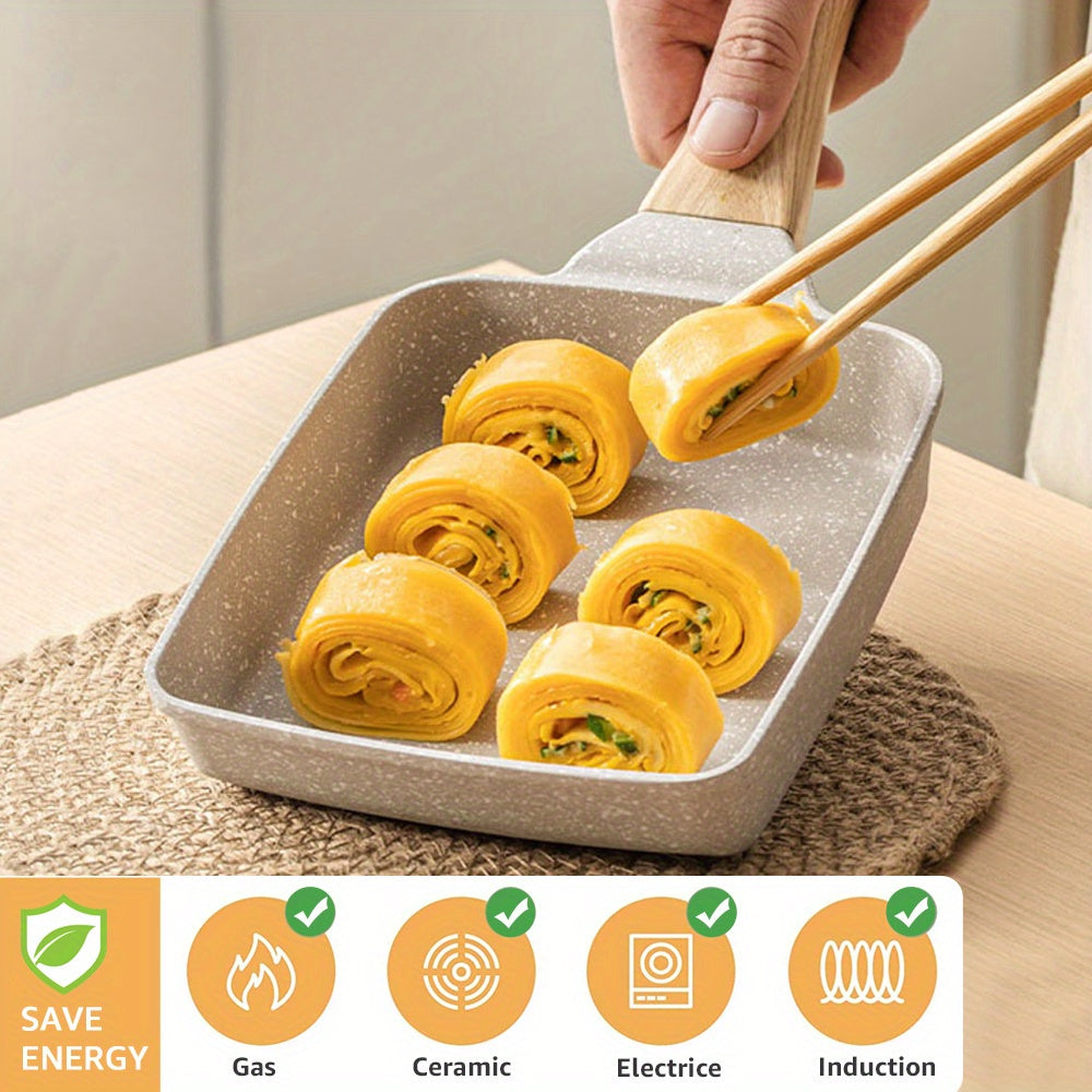 Square Egg Roll Frying Pan with Wooden Handle - Induction Compatible Cookware for Making Non-Stick Tamagoyaki Japanese Omelettes