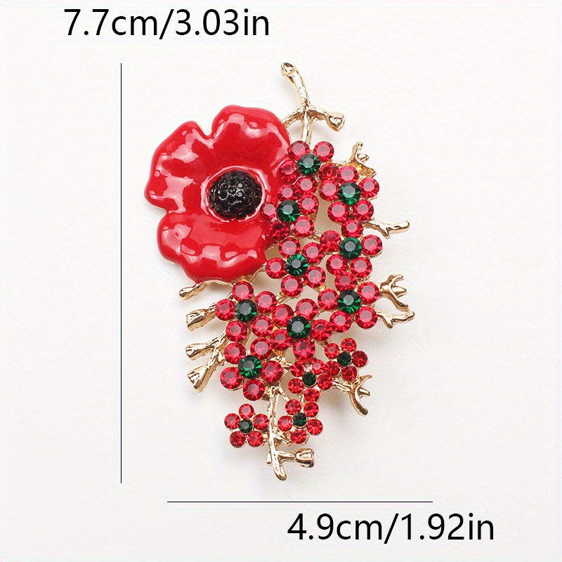 Elegant Retro Fashion Accessory: Vintage Enamel Poppy Brooch Pin with Rhinestone Accents and Irregular Shape Floral Design