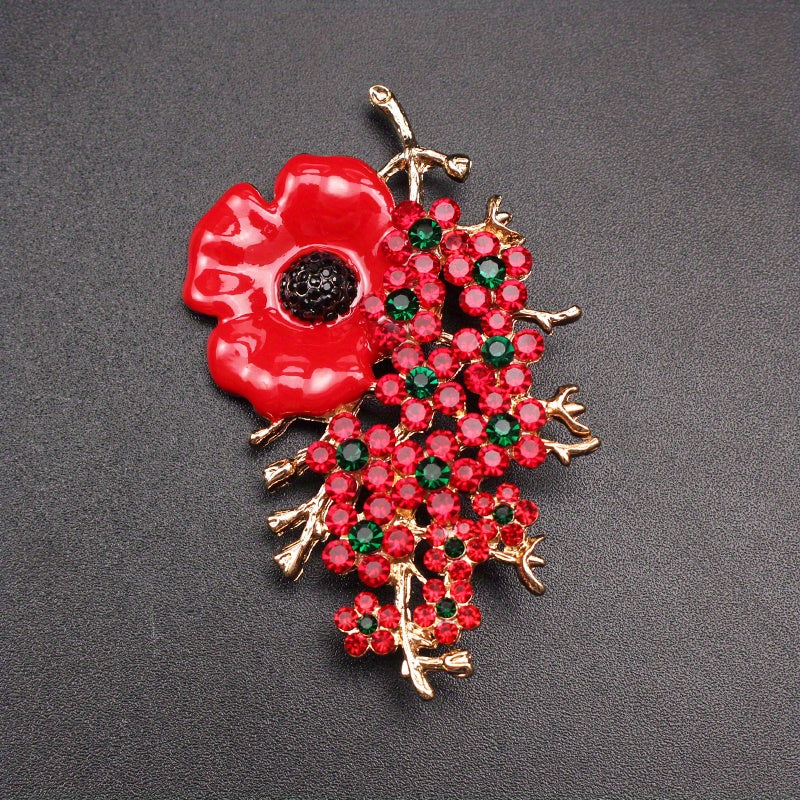 Elegant Retro Fashion Accessory: Vintage Enamel Poppy Brooch Pin with Rhinestone Accents and Irregular Shape Floral Design