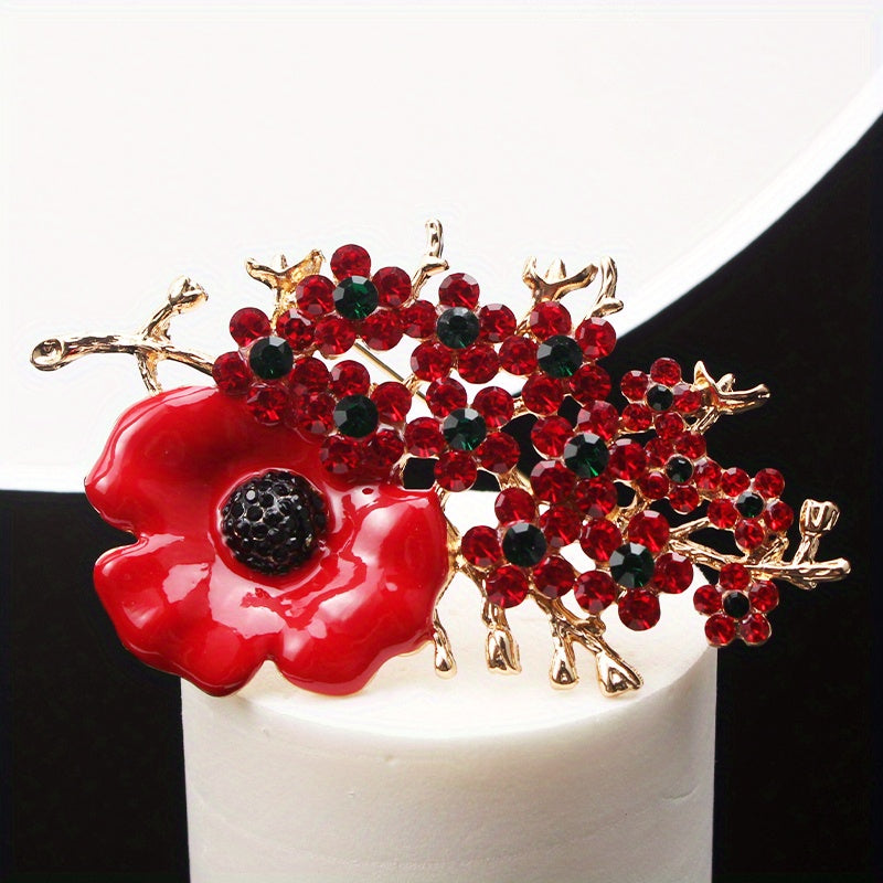 Elegant Retro Fashion Accessory: Vintage Enamel Poppy Brooch Pin with Rhinestone Accents and Irregular Shape Floral Design