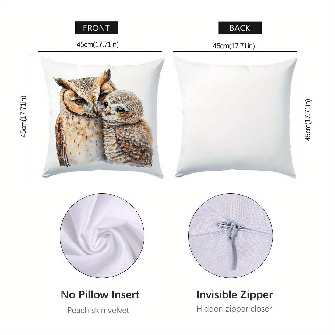 Adorable owl illustration throw pillow cover, 44.96x44.96cm, perfect for living room and bedroom. Machine washable polyester with zip closure. Insert not included.