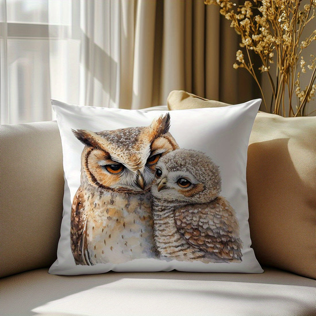 Adorable owl illustration throw pillow cover, 44.96x44.96cm, perfect for living room and bedroom. Machine washable polyester with zip closure. Insert not included.