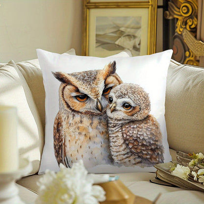 Adorable owl illustration throw pillow cover, 44.96x44.96cm, perfect for living room and bedroom. Machine washable polyester with zip closure. Insert not included.