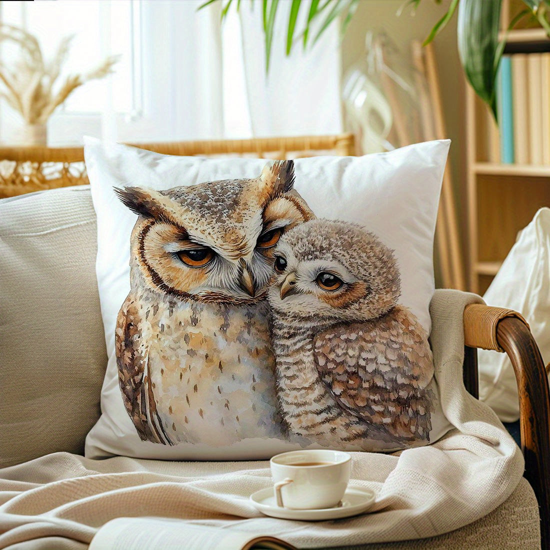 Adorable owl illustration throw pillow cover, 44.96x44.96cm, perfect for living room and bedroom. Machine washable polyester with zip closure. Insert not included.