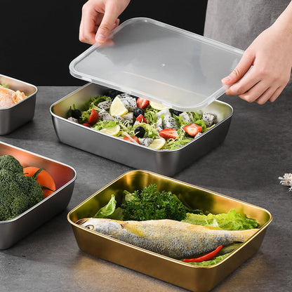 Set of food storage containers made from stainless steel, with BPA-free sealable lids. Perfect for home and outdoor use, these rectangular boxes are ideal for keeping food fresh. Easy to hand wash, they are great for meal prep, refrigerator organization