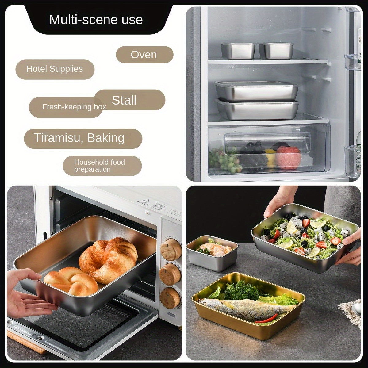 Set of food storage containers made from stainless steel, with BPA-free sealable lids. Perfect for home and outdoor use, these rectangular boxes are ideal for keeping food fresh. Easy to hand wash, they are great for meal prep, refrigerator organization