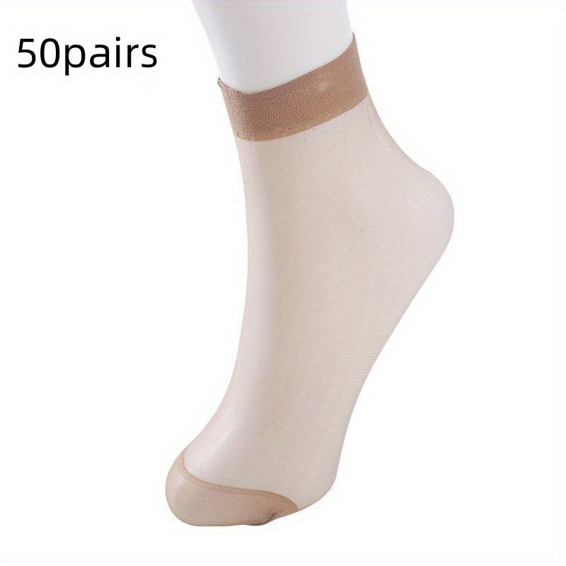 50 pairs of transparent ultrathin summer socks for women made of nylon, with short ankle length and elastic band. These socks are perfect for spring and summer wear.