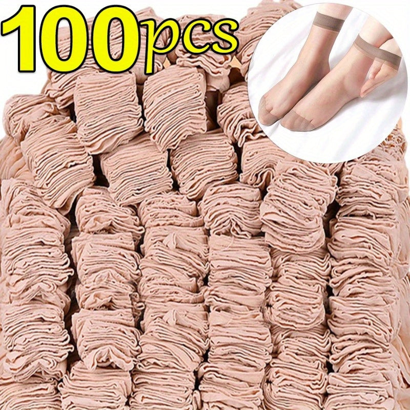 50 pairs of transparent ultrathin summer socks for women made of nylon, with short ankle length and elastic band. These socks are perfect for spring and summer wear.