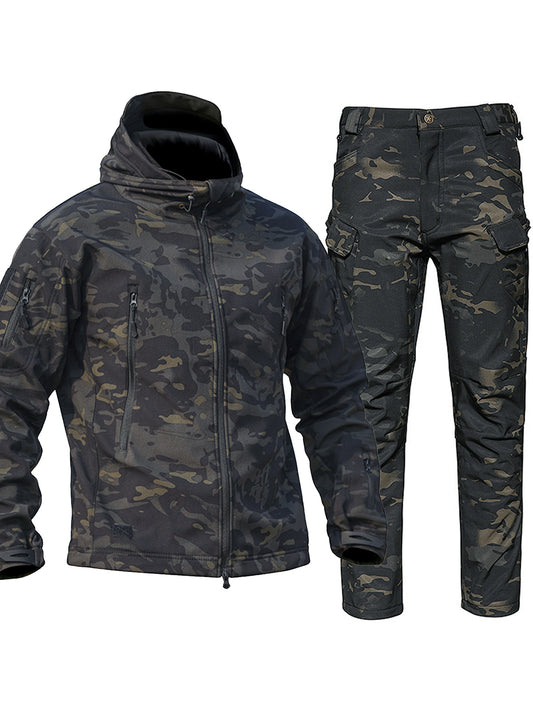 Men's camo outdoor gear set includes a windproof hooded jacket and fleece-lined pants with multiple pockets, suitable for hiking, hunting, and casual wear.