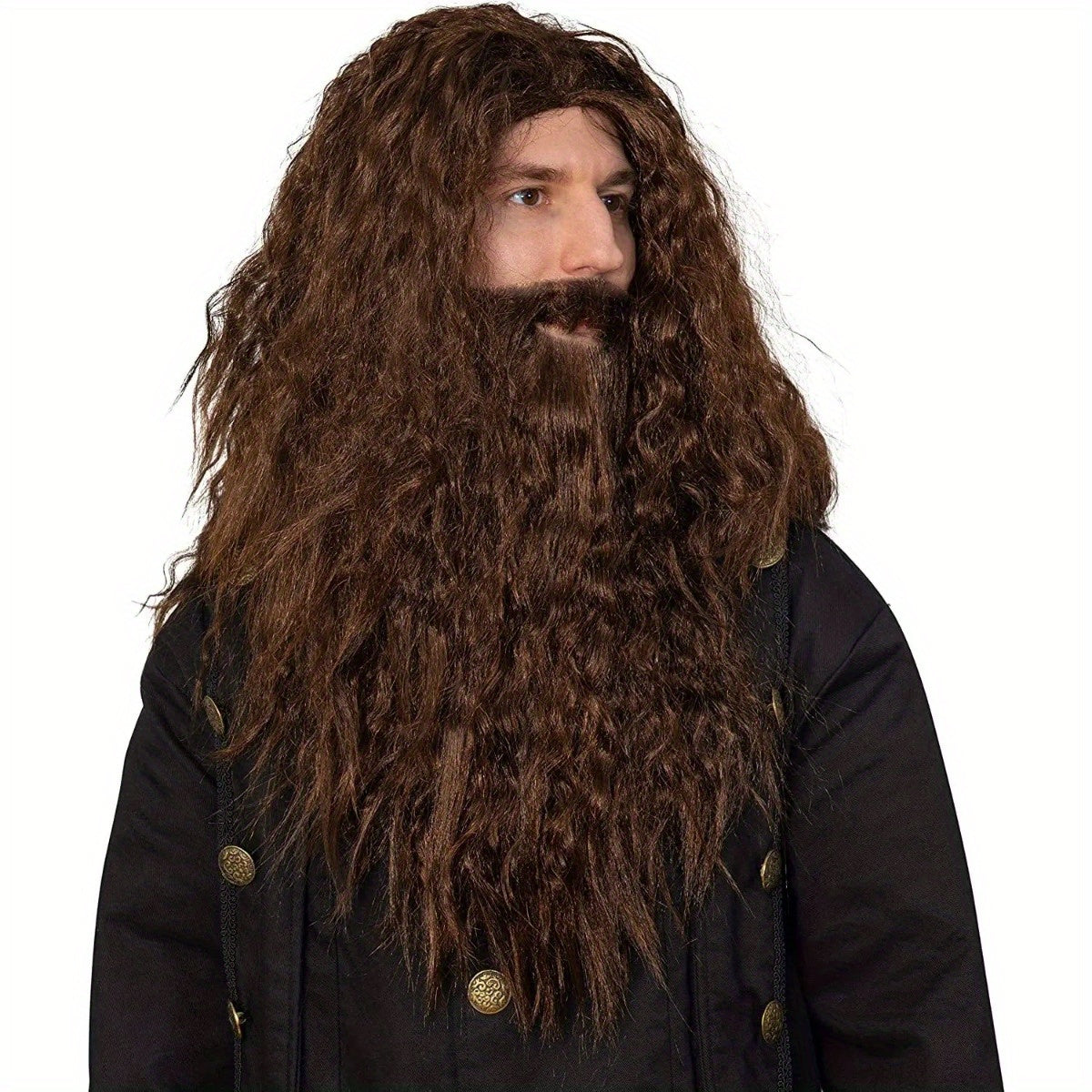 Sophisticated Curly Polyester Wig and Beard Ensemble for Cosplay, Wizardly Warlock Costume Accent, Joyful Celebration Synthetic Hair Headgear