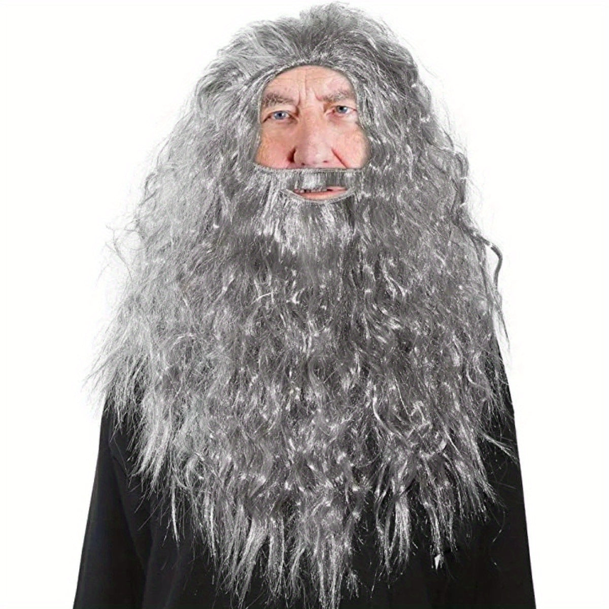 Sophisticated Curly Polyester Wig and Beard Ensemble for Cosplay, Wizardly Warlock Costume Accent, Joyful Celebration Synthetic Hair Headgear