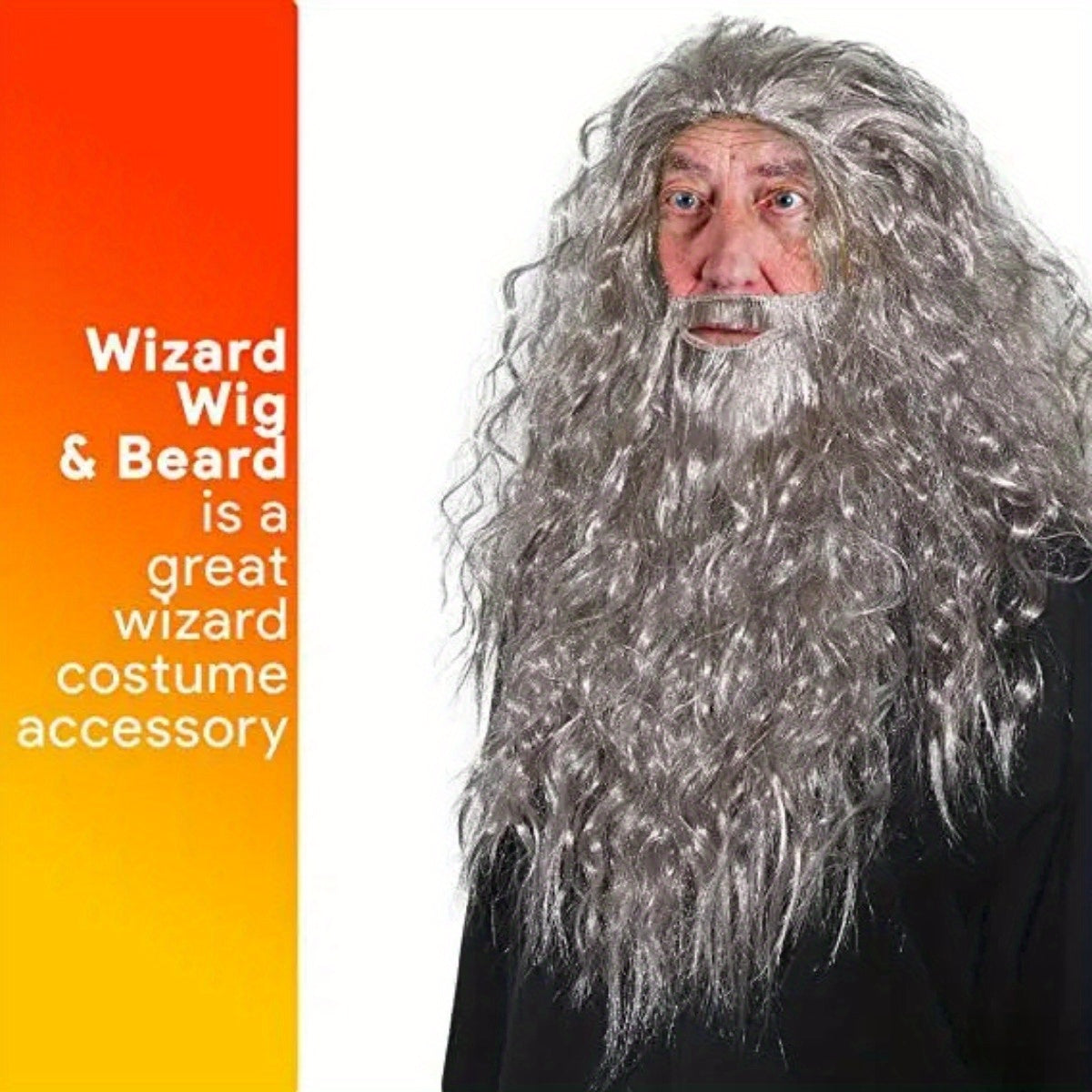 Sophisticated Curly Polyester Wig and Beard Ensemble for Cosplay, Wizardly Warlock Costume Accent, Joyful Celebration Synthetic Hair Headgear