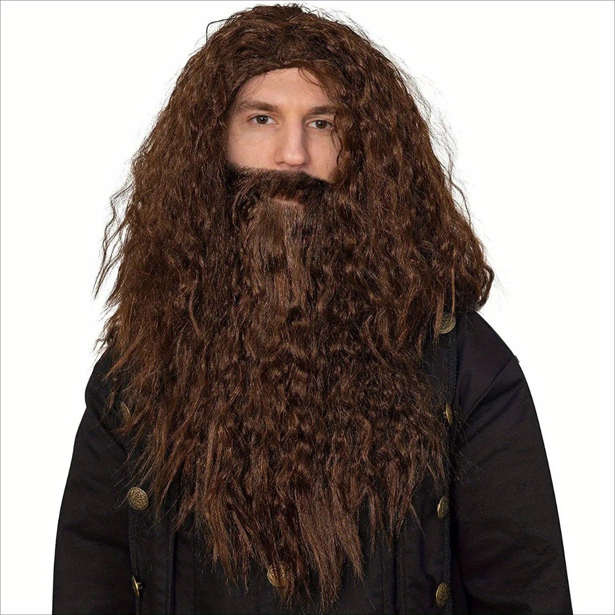 Sophisticated Curly Polyester Wig and Beard Ensemble for Cosplay, Wizardly Warlock Costume Accent, Joyful Celebration Synthetic Hair Headgear