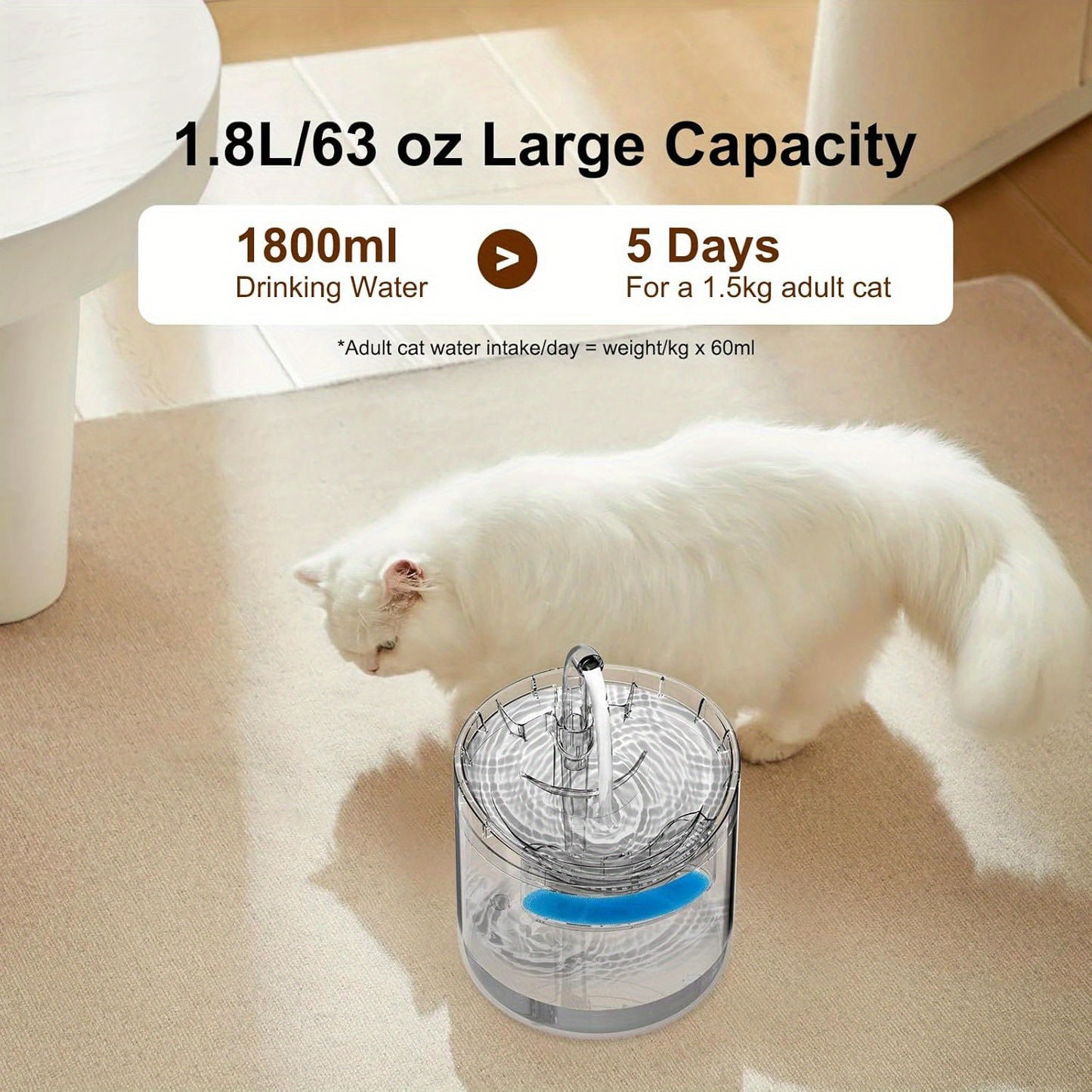 YITUMU Cat Water Fountain, 1.8L/63oz with USB Charging, Silent Pump, Includes 1 Filter, for Indoor Cats