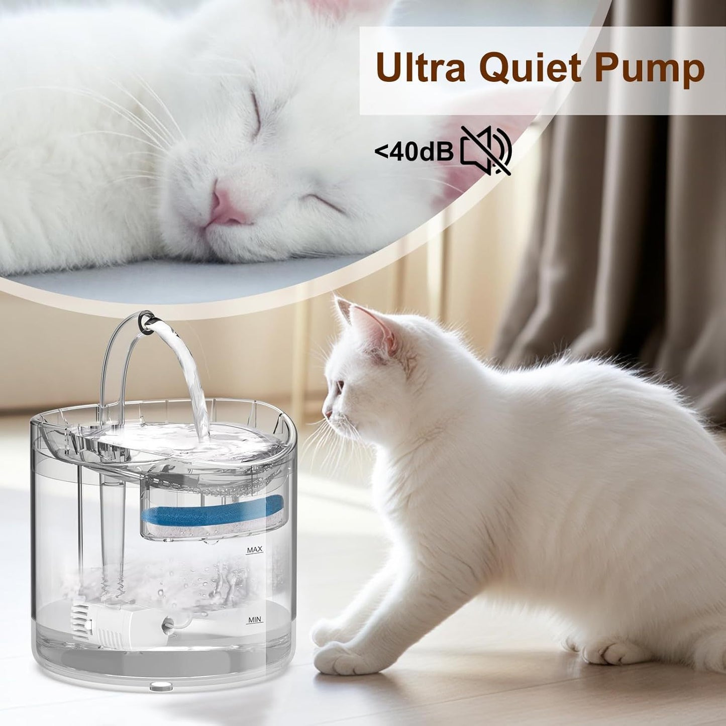 YITUMU Cat Water Fountain, 1.8L/63oz with USB Charging, Silent Pump, Includes 1 Filter, for Indoor Cats