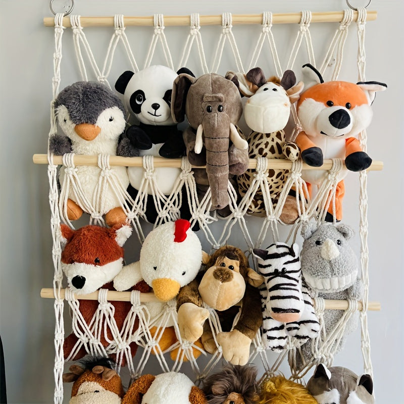 Wooden macrame organizer for toys and plush animals, children's nursery decor, playroom hammock, bedroom accessory, and craft supply organizer for boys and girls.