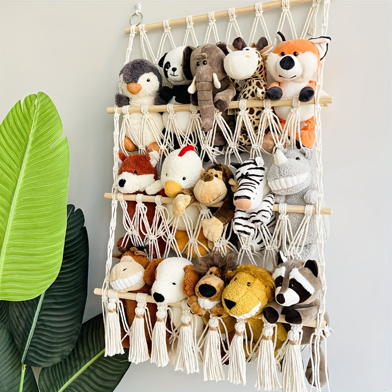 Wooden macrame organizer for toys and plush animals, children's nursery decor, playroom hammock, bedroom accessory, and craft supply organizer for boys and girls.