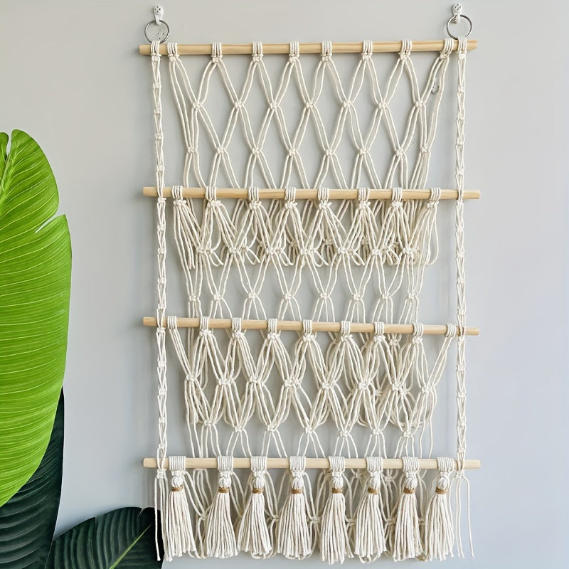 Wooden macrame organizer for toys and plush animals, children's nursery decor, playroom hammock, bedroom accessory, and craft supply organizer for boys and girls.