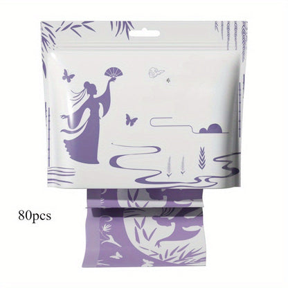 80 Lavender Scented Garbage Bags, each roll contains 1 bag. These hanging drawstring trash bags are conveniently dispensed from a wall-mounted dispenser. Made from durable PE material, they are suitable for use in the home, kitchen, outdoor spaces, cars