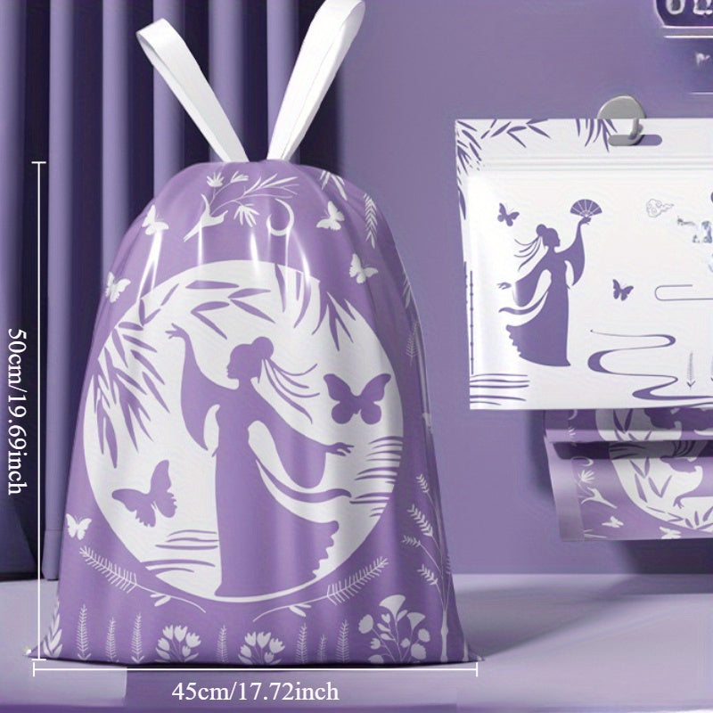 80 Lavender Scented Garbage Bags, each roll contains 1 bag. These hanging drawstring trash bags are conveniently dispensed from a wall-mounted dispenser. Made from durable PE material, they are suitable for use in the home, kitchen, outdoor spaces, cars