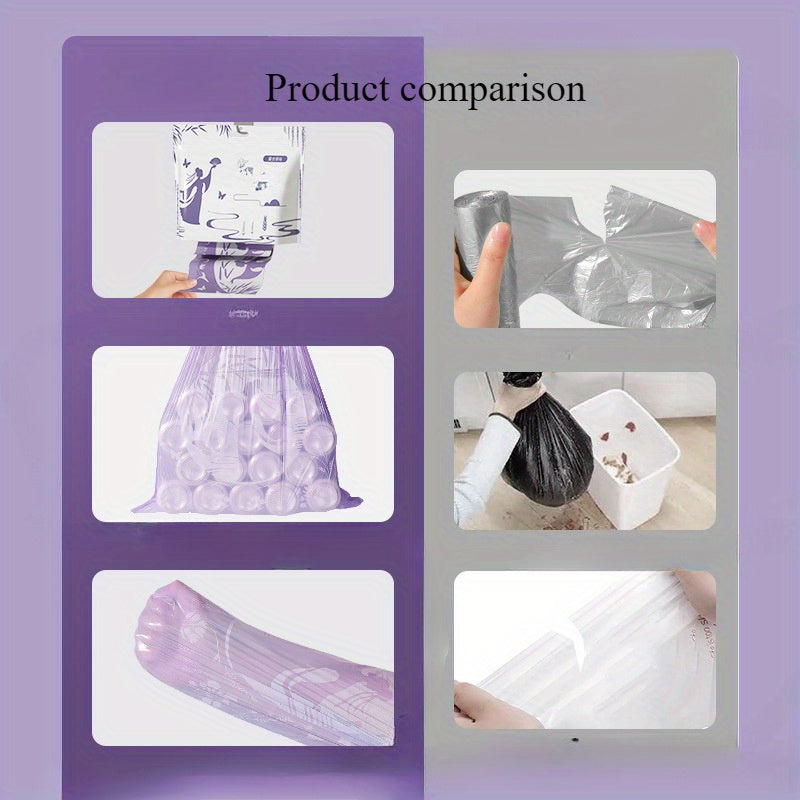 80 Lavender Scented Garbage Bags, each roll contains 1 bag. These hanging drawstring trash bags are conveniently dispensed from a wall-mounted dispenser. Made from durable PE material, they are suitable for use in the home, kitchen, outdoor spaces, cars