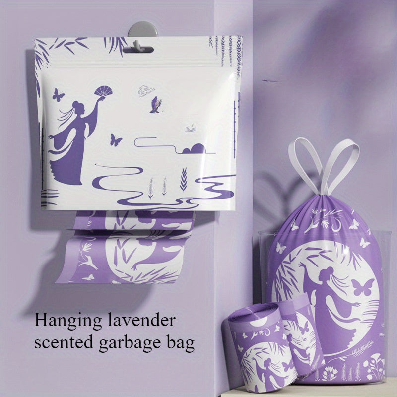 80 Lavender Scented Garbage Bags, each roll contains 1 bag. These hanging drawstring trash bags are conveniently dispensed from a wall-mounted dispenser. Made from durable PE material, they are suitable for use in the home, kitchen, outdoor spaces, cars