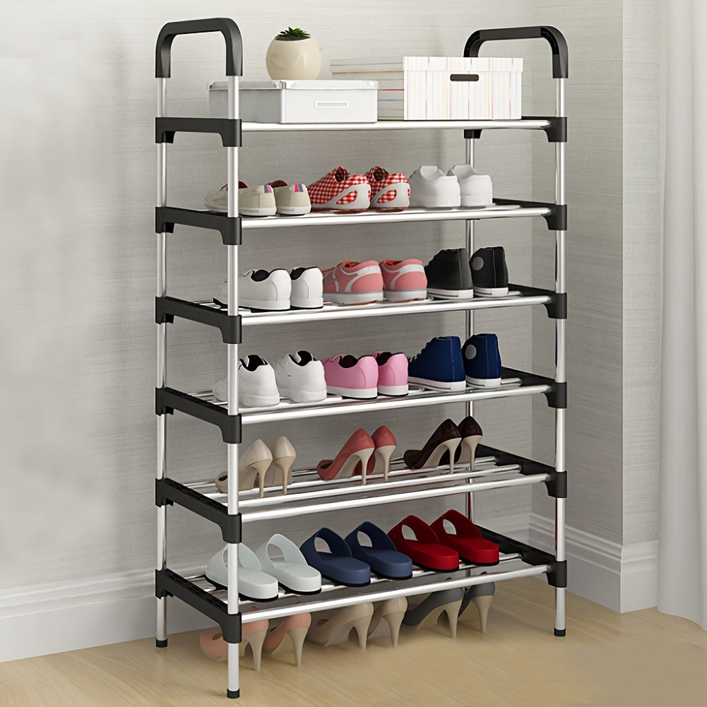 Black Metal Shoe Rack with 5-6 Tiers, Perfect for Home Use and Organizing Shoes.