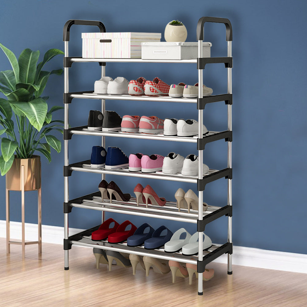 Black Metal Shoe Rack with 5-6 Tiers, Perfect for Home Use and Organizing Shoes.