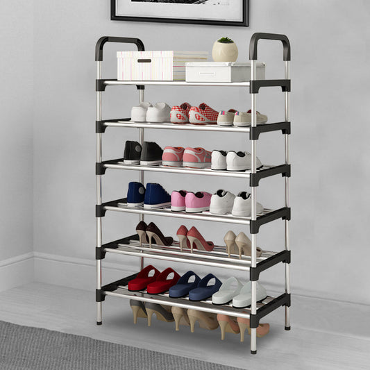 Black Metal Shoe Rack with 5-6 Tiers, Perfect for Home Use and Organizing Shoes.