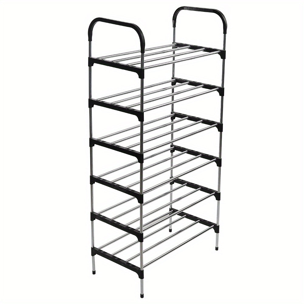 Black Metal Shoe Rack with 5-6 Tiers, Perfect for Home Use and Organizing Shoes.