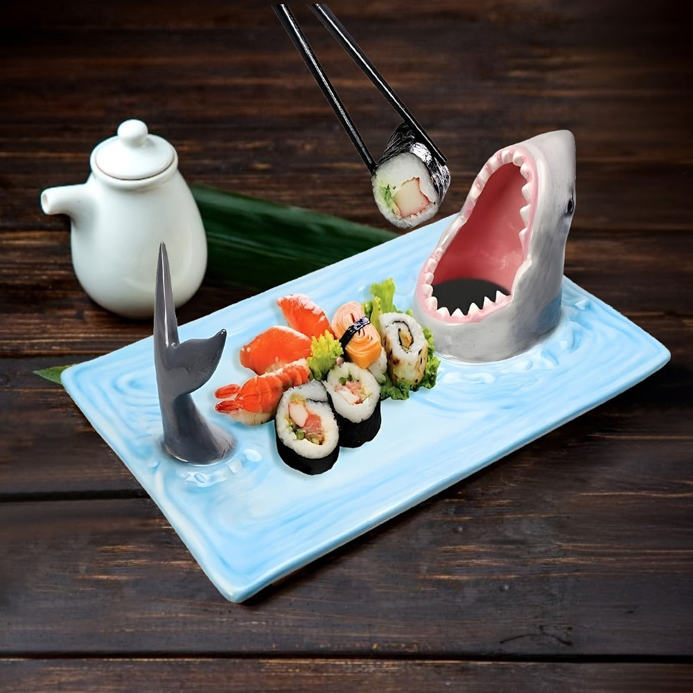 Shark Design Ceramic Sushi Platter - Artisan Hand-Painted, Safe for Food Use - Dishwasher, Microwave, and Oven Safe - Ideal for Any Occasion - Great Gift for Sushi Lovers