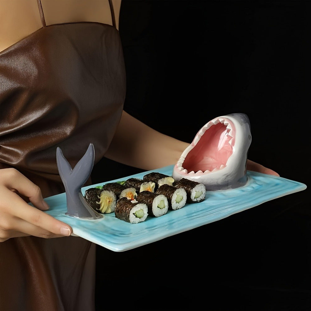 Shark Design Ceramic Sushi Platter - Artisan Hand-Painted, Safe for Food Use - Dishwasher, Microwave, and Oven Safe - Ideal for Any Occasion - Great Gift for Sushi Lovers